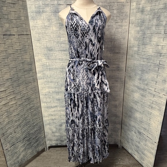 Roan + Ryan Womens S Maxi Dress Blue White Animal Print Tiered Spaghetti Strap - Picture 2 of 7